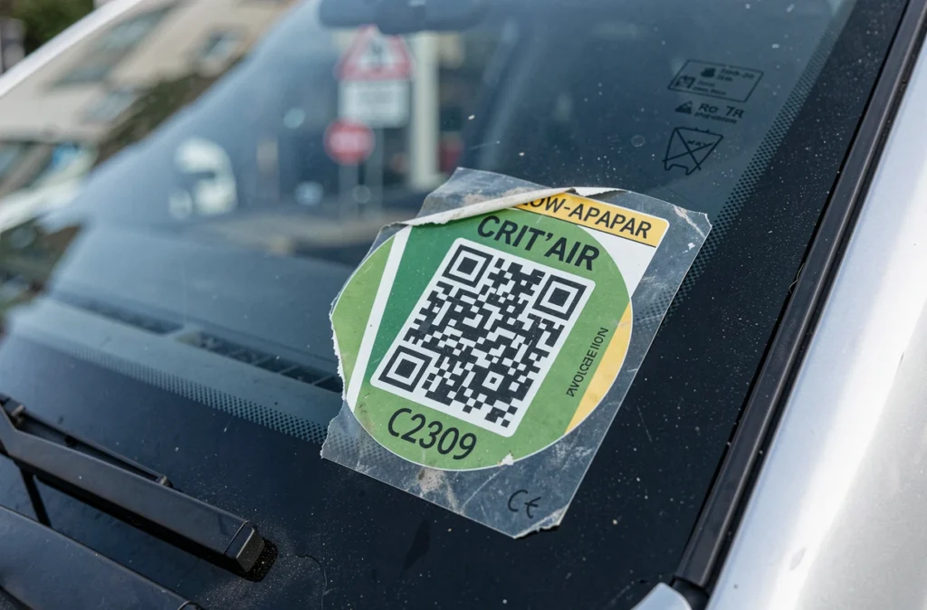 Vignette Crit'Air mal collée sur le pare-brise d'une voiture dans une zone à faibles émissions