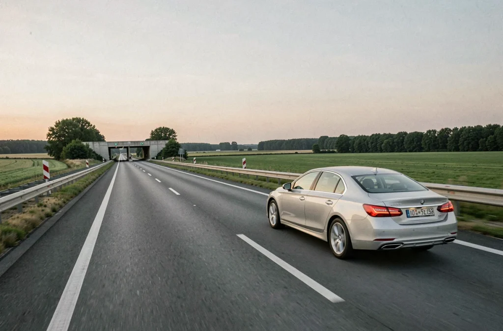 Voiture roulant à 130 km/h sur une autoroute française au crépuscule vue extérieure
