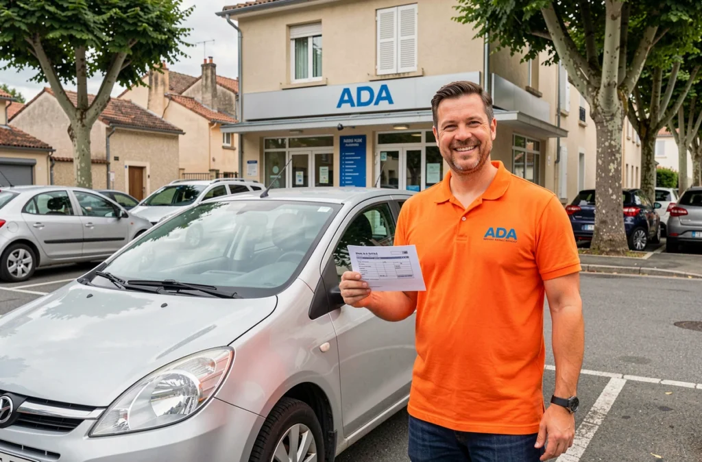 Un agent ADA en polo orange présente un véhicule de location dans le parking d'une agence en Bretagne