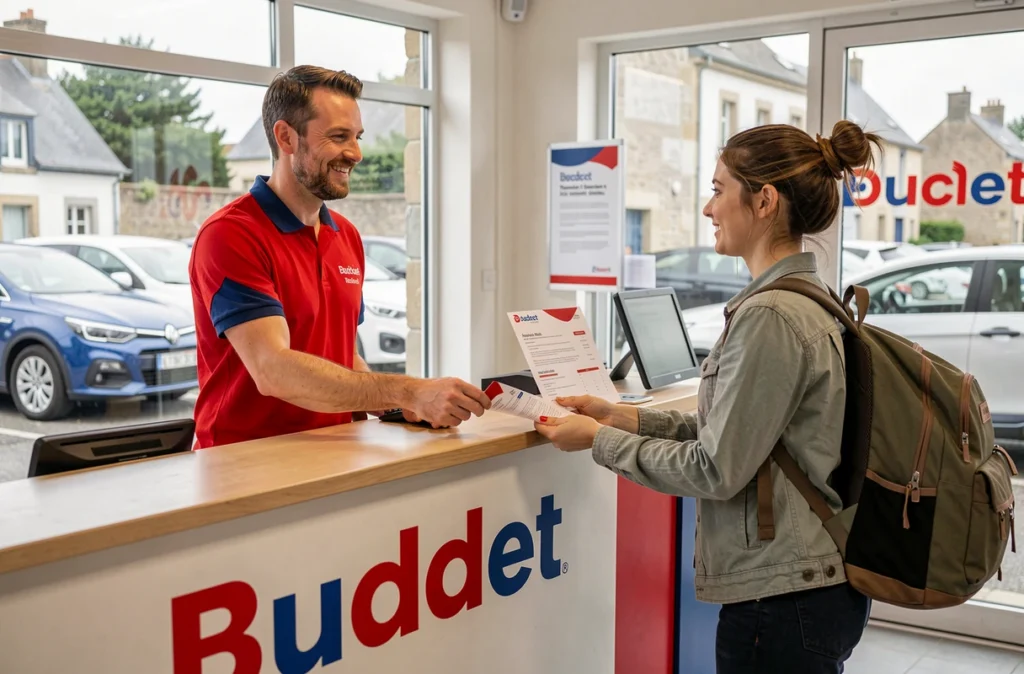 Un agent Budget en polo rouge et bleu remet un dossier de location à une cliente dans une agence bretonne