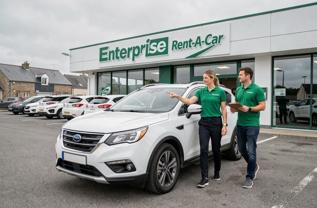 Deux agents Enterprise en polo vert présentent un SUV blanc dans le parking d'une agence de location en Bretagne