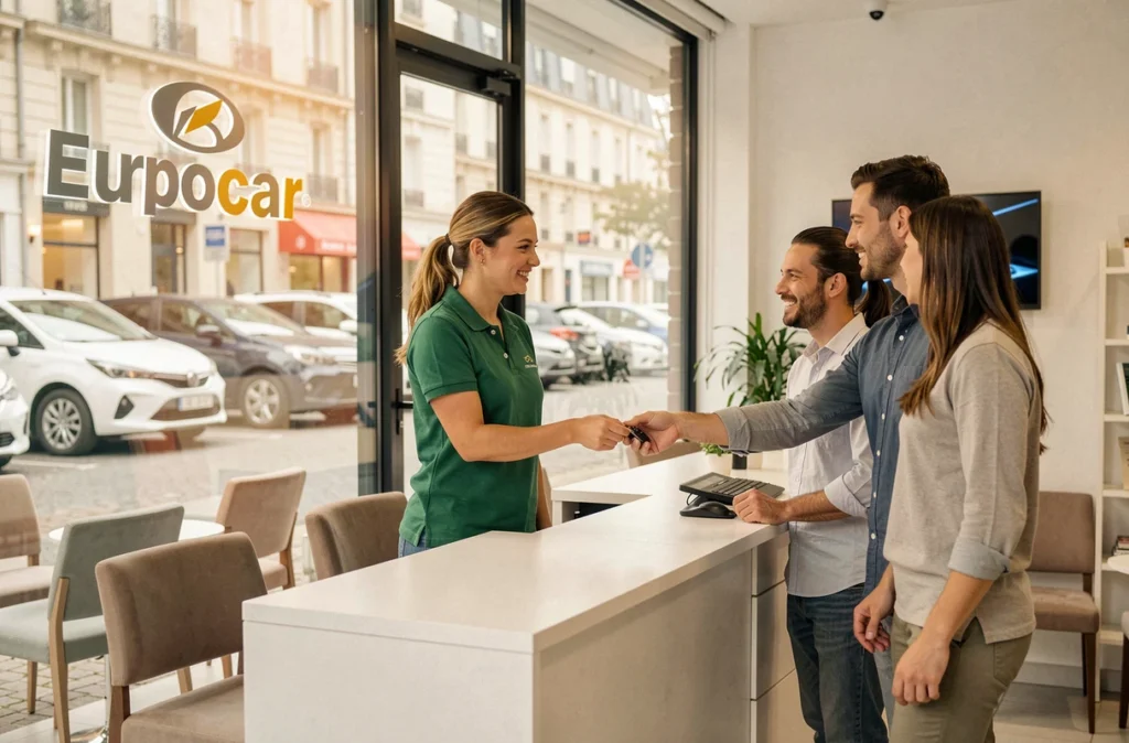 Un agent Europcar en polo vert remet les clés d'une voiture de location à un couple souriant dans une agence en Bretagne