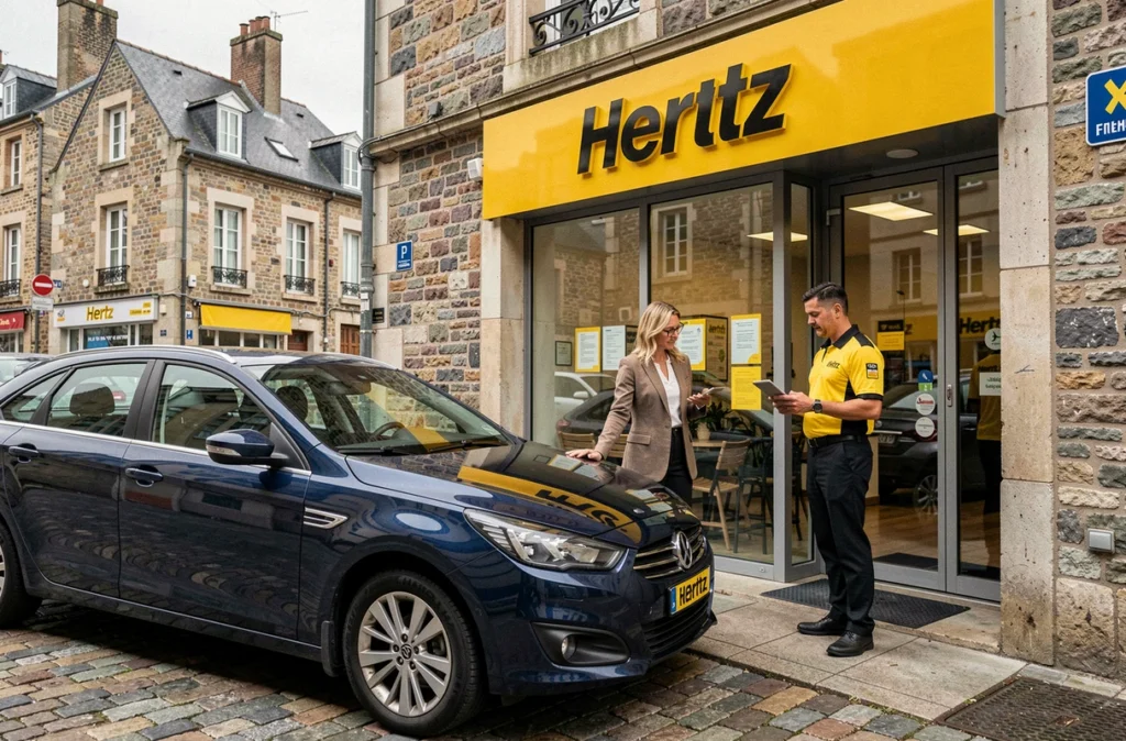 Une cliente examine une berline bleue devant une agence Hertz en Bretagne avec un agent en uniforme jaune