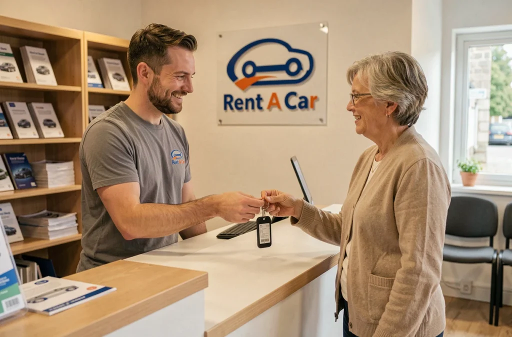 Un employé de Rent A Car remet un trousseau de clés à une cliente dans une agence bretonne conviviale