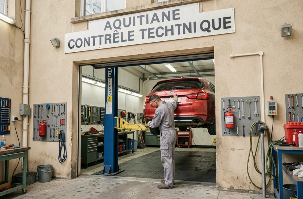 Technicien Aquitaine Contrôle Technique à Bordeaux inspectant le dessous d'une voiture sur pont élévateur