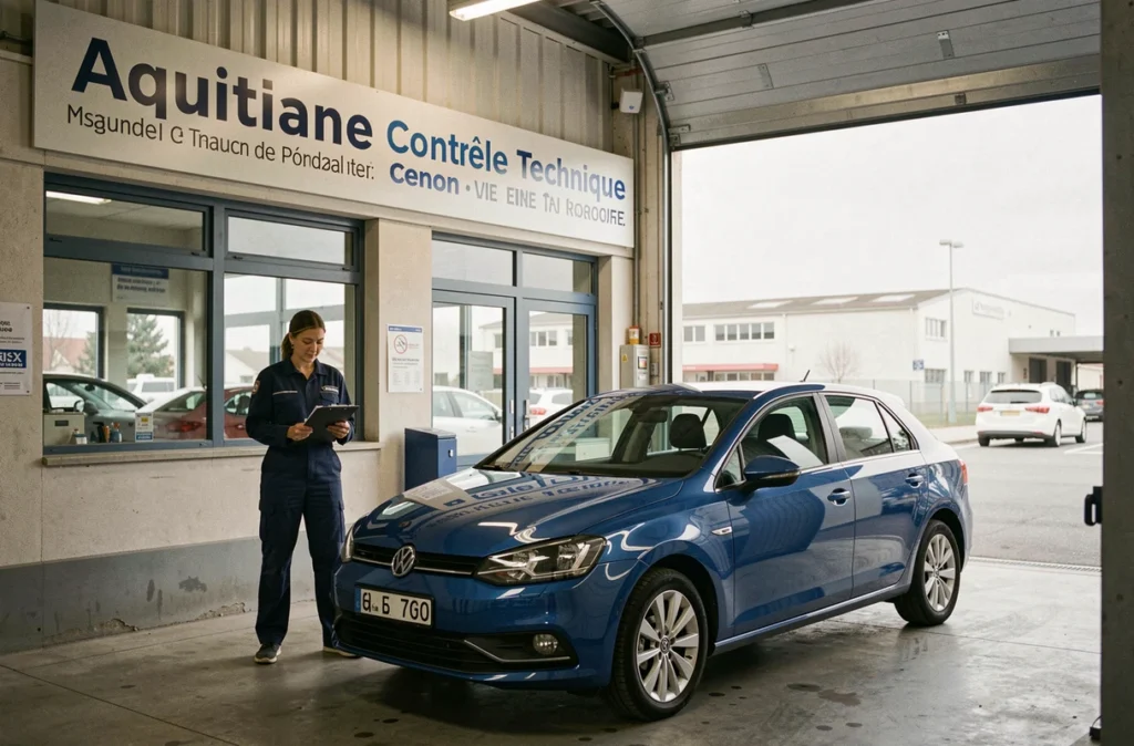 Technicienne du centre Aquitaine Contrôle Technique de Cenon effectuant un tour d'inspection d'un véhicule