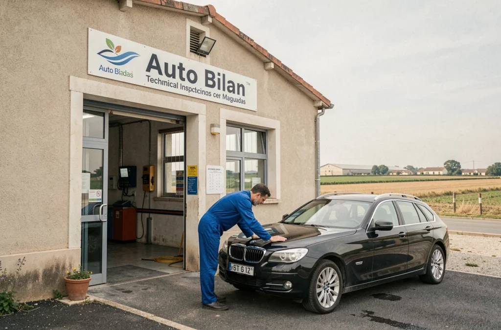 Technicien Auto Bilan à Magudas vérifiant l'usure des pneus d'un break noir devant le centre