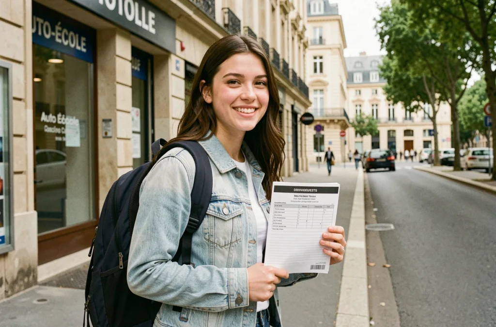 Étudiante souriante devant une auto-école proche d'un lycée à Tours, tenant un dossier d'inscription au permis de conduire dans une avenue animée
