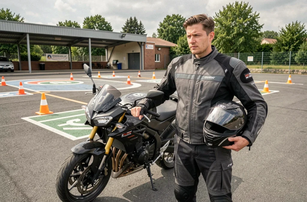 Élève motard en veste de protection tenant son casque devant une moto sur l'aire d'entraînement d'une auto-école moto à Tours