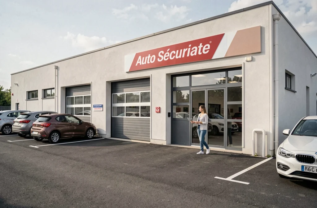 Façade du centre Auto Sécurité de Bègles avec une cliente se dirigeant vers l'accueil
