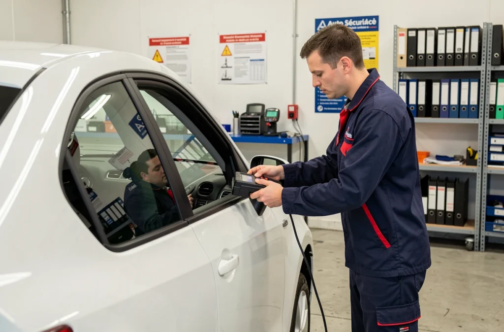 Mécanicien Auto Sécurité à Gradignan réalisant un diagnostic électronique sur une voiture blanche