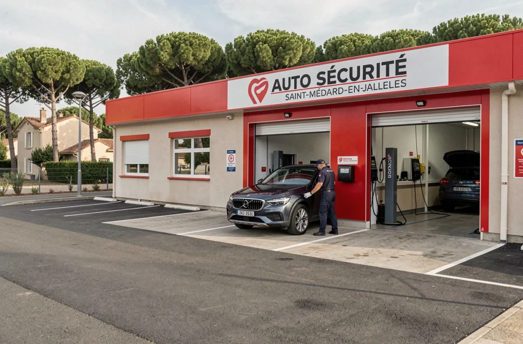 Centre Auto Sécurité de Saint-Médard-en-Jalles avec technicien guidant un SUV vers la baie d'inspection