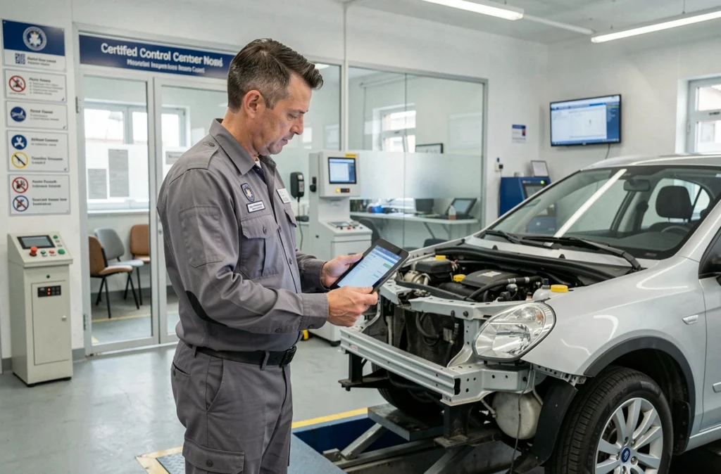 Contrôleur technique inspectant un véhicule avec une tablette de diagnostic dans le centre Autobilan Carlone à Nice