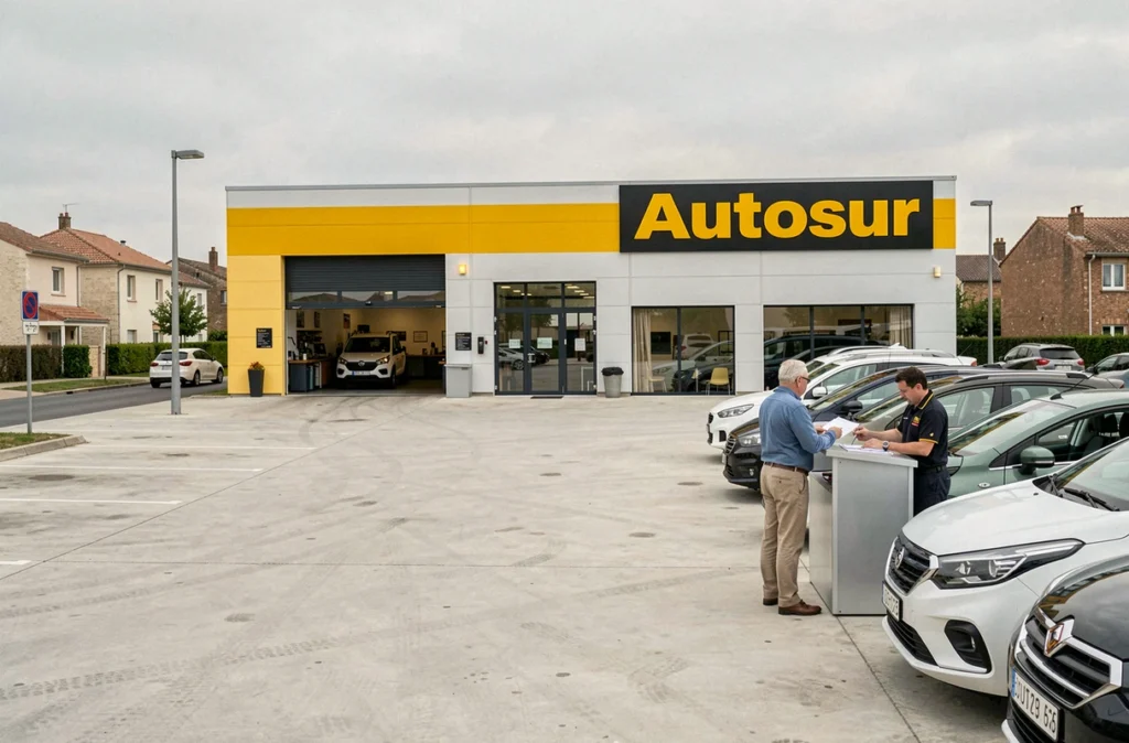 Centre Autosur du Bouscat avec un client et un technicien consultant les documents d'inspection