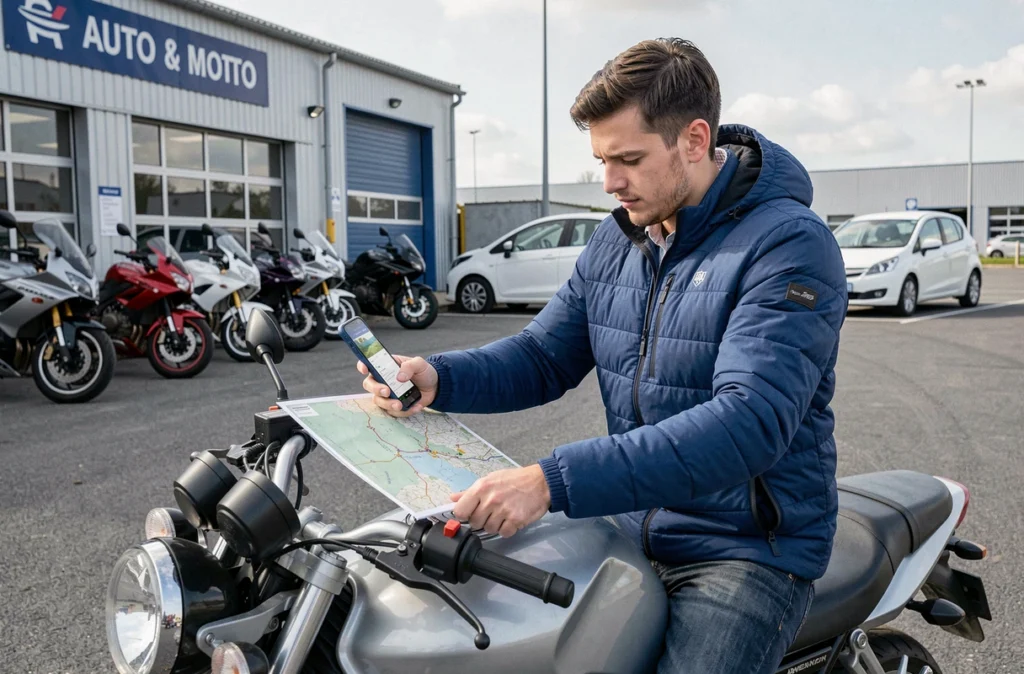 Jeune élève en veste bleue sur une moto dans la cour d'une auto-école moto et auto à Tours, consultant une carte sur son smartphone fixé au guidon