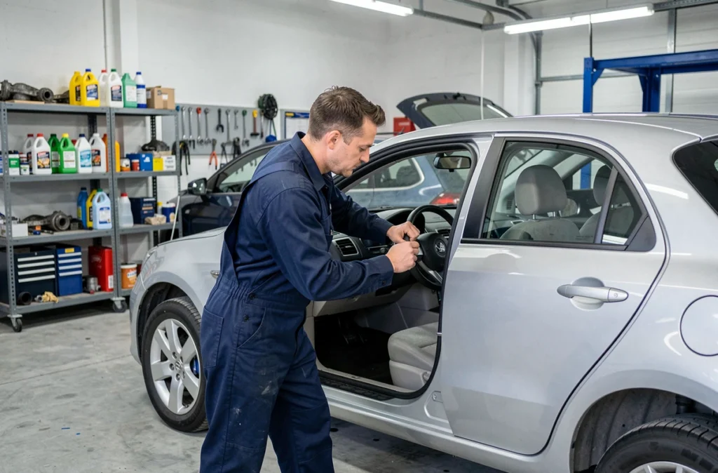 Mécanicien préparant un véhicule d'occasion en détaillant l'intérieur d'un SUV compact dans l'atelier Azur VO Preparation
