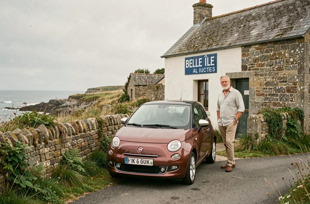 Le gérant de Belle Île Autos pose devant un véhicule de location sur une route pittoresque de Belle-Île-en-Mer