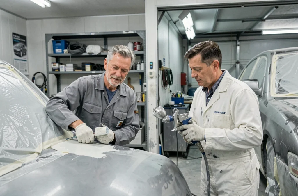 Deux professionnels travaillant côte à côte en carrosserie et peinture automobile chez Carrosserie CCG BS Peinture