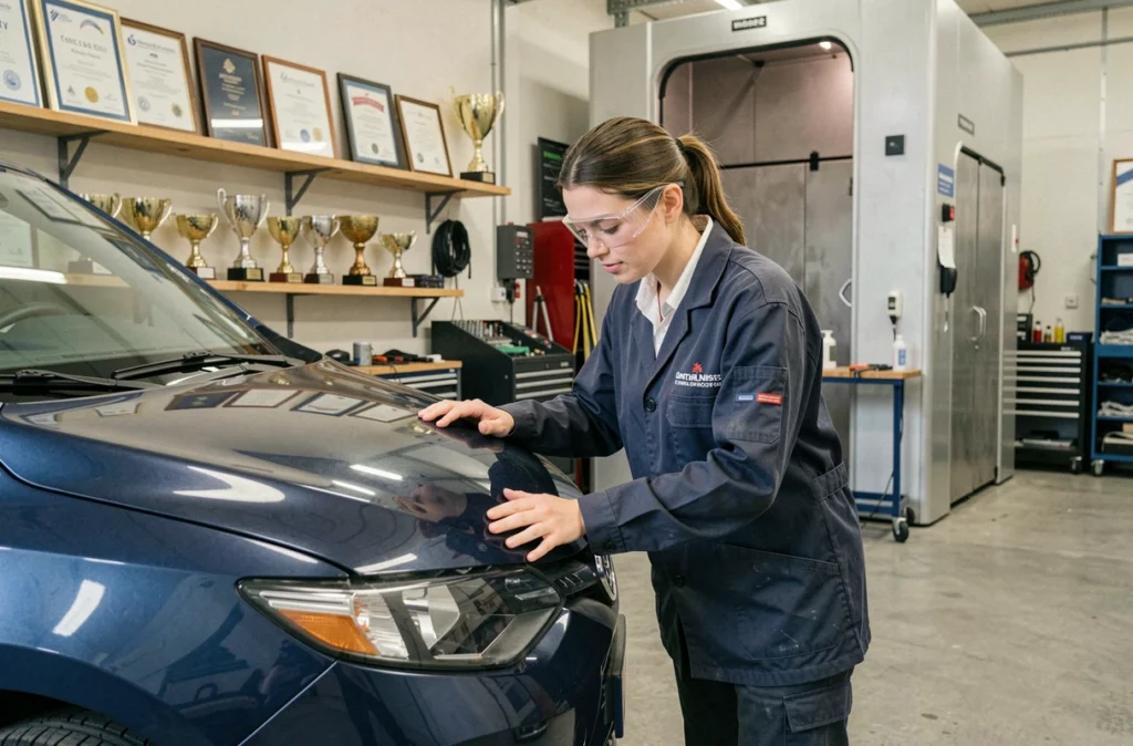 Technicienne spécialisée en carrosserie primée inspectant une réparation de pare-chocs chez CTBL Giordano à Antibes