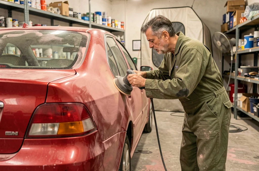 Technicien en carrosserie ponçant un panneau de voiture rouge préparé pour la peinture chez Carrosserie DH dans le 06