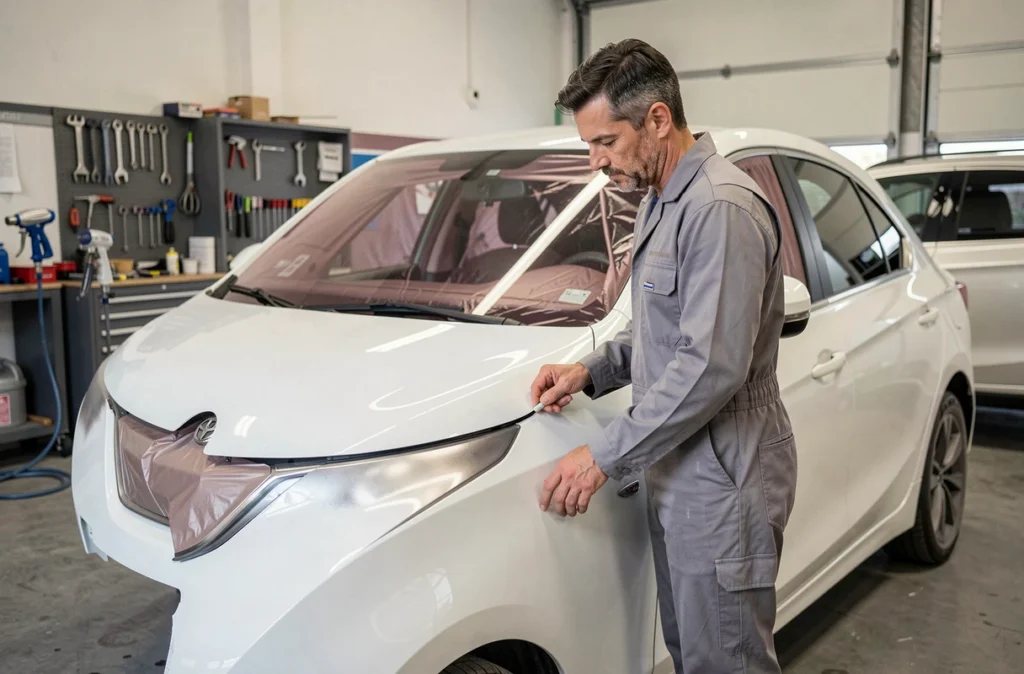 Technicien en carrosserie inspectant un panneau de carrosserie repeint dans l'atelier de Carrosserie Flavio à Antibes