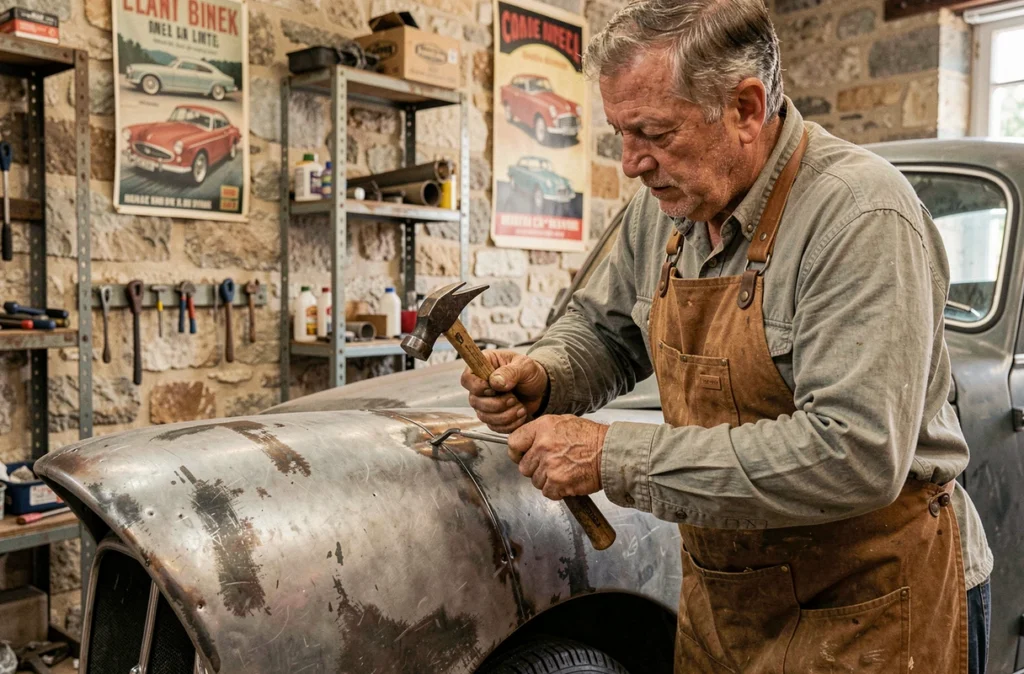 Artisan carrossier travaillant sur une aile de voiture classique avec des outils traditionnels dans la Carrosserie Sebastien SARL Balro dans le 06