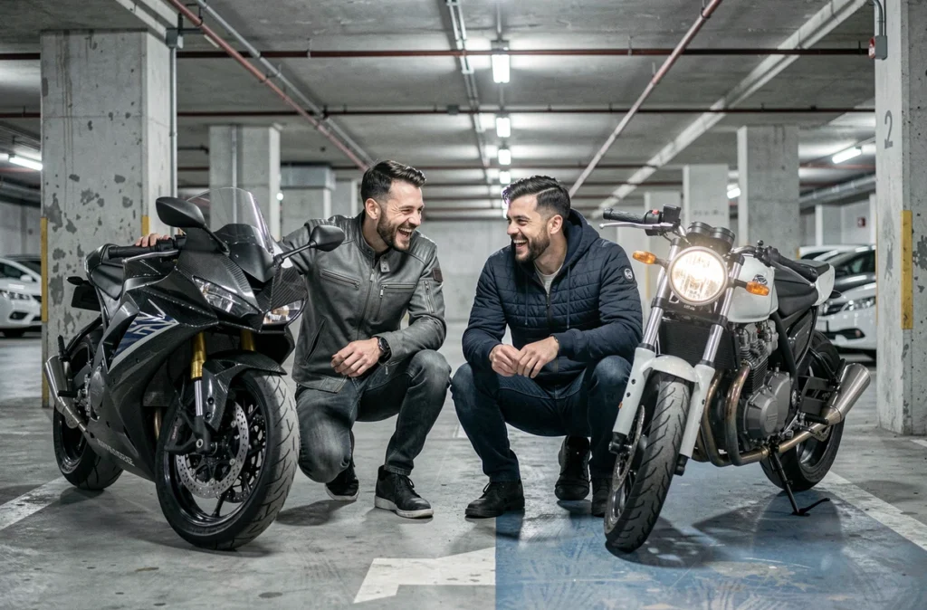 Deux amis motards comparant une moto supersport et un café racer dans un parking souterrain urbain en béton