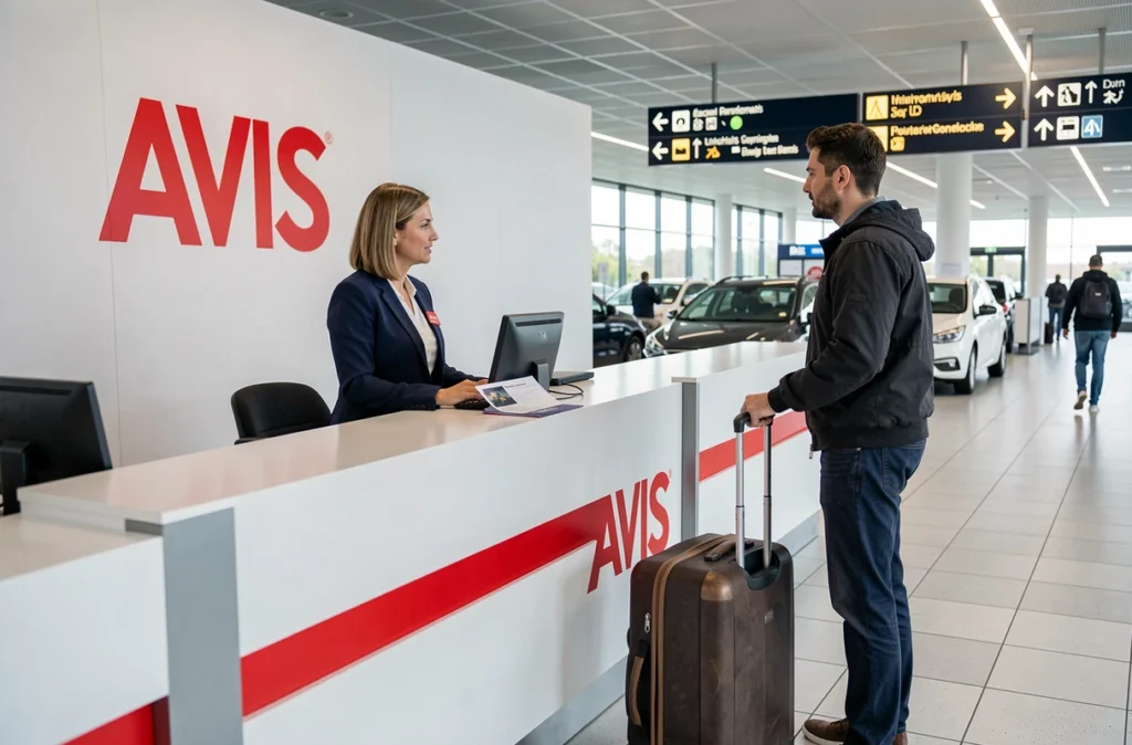 Une employée Avis en blazer marine accueille un voyageur au comptoir de location dans un aéroport breton