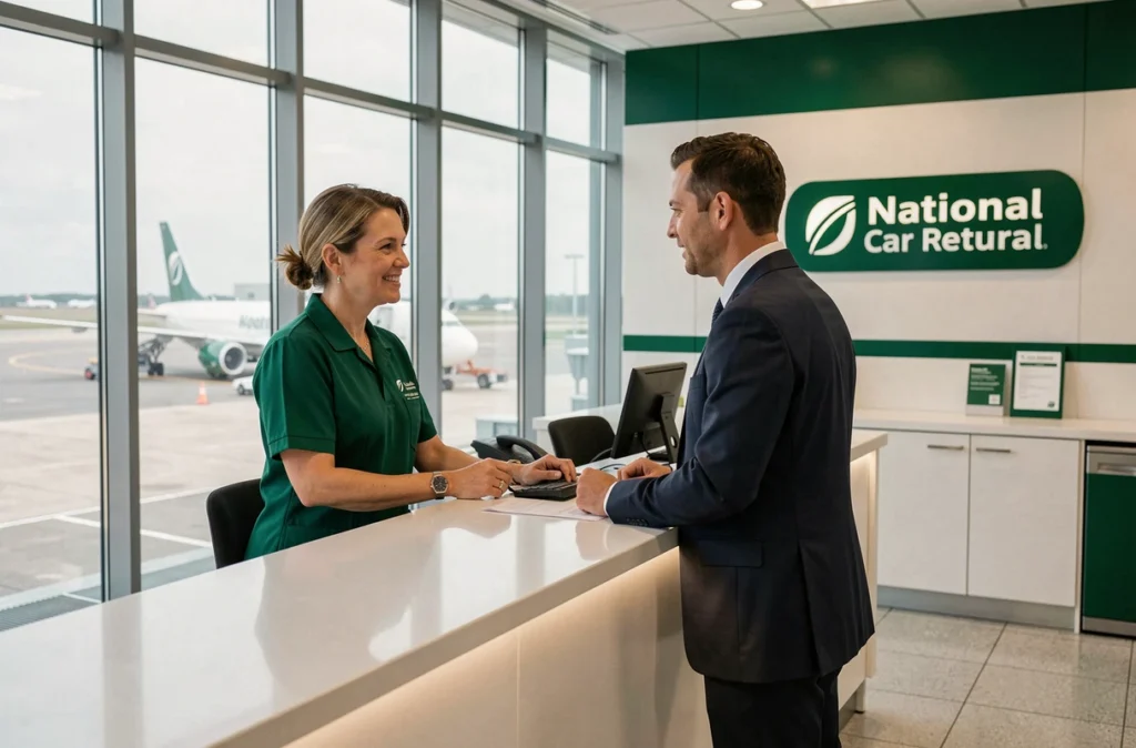 Une agente National Car Rental en uniforme vert assiste un voyageur d'affaires au comptoir dans un aéroport breton