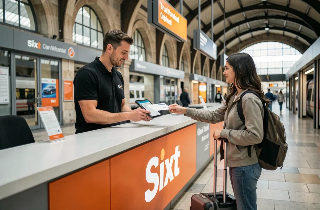 Un agent Sixt en tenue noire présente un contrat de location numérique à une voyageuse dans une gare bretonne