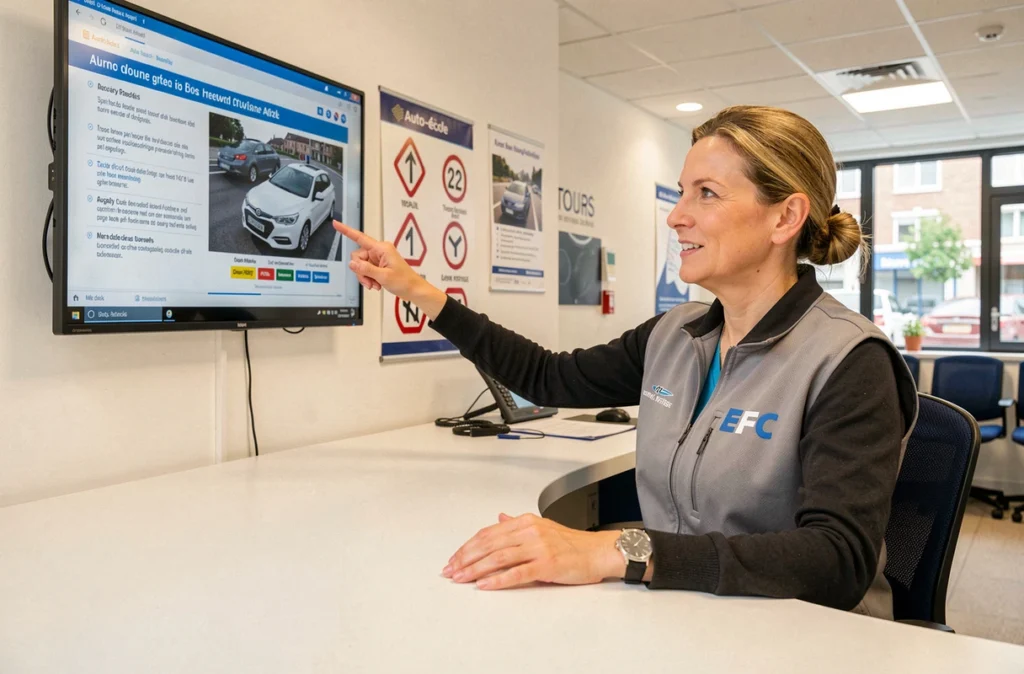 Monitrice de l'ECF Tours à l'accueil d'une agence d'auto-école moderne, devant un écran de code de la route et des panneaux pédagogiques