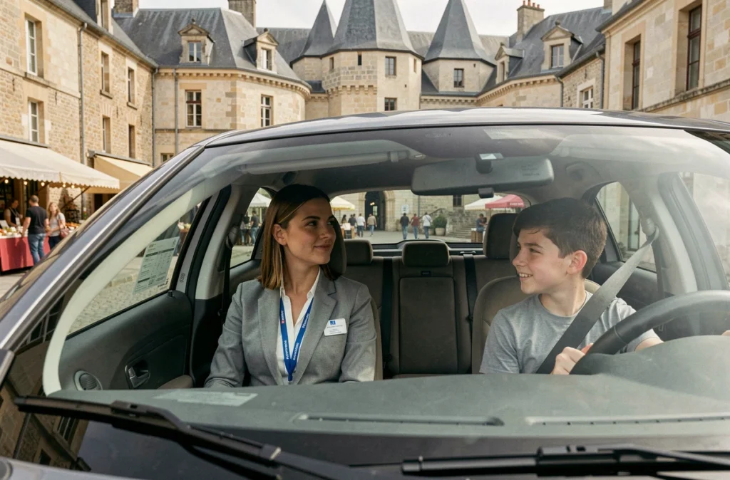 Monitrice d'auto-école aux côtés d'un élève conducteur à Loches, avec les toits en ardoise et l'architecture Renaissance de la ville en arrière-plan
