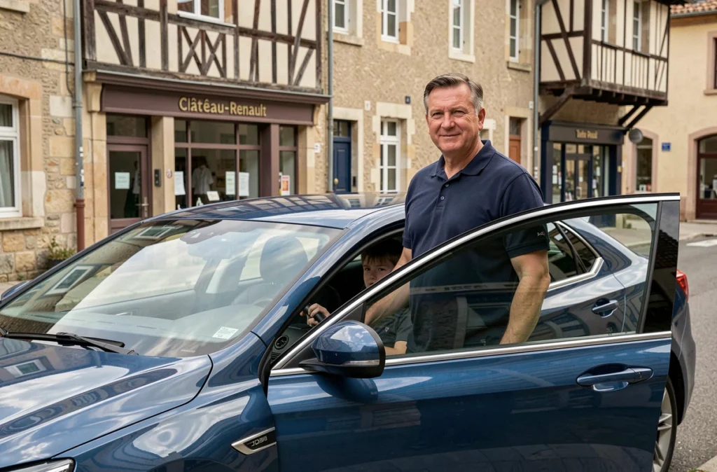Moniteur d'auto-école devant un véhicule d'apprentissage stationné dans une rue de Château-Renault, avec les façades typiques de la ville en arrière-plan