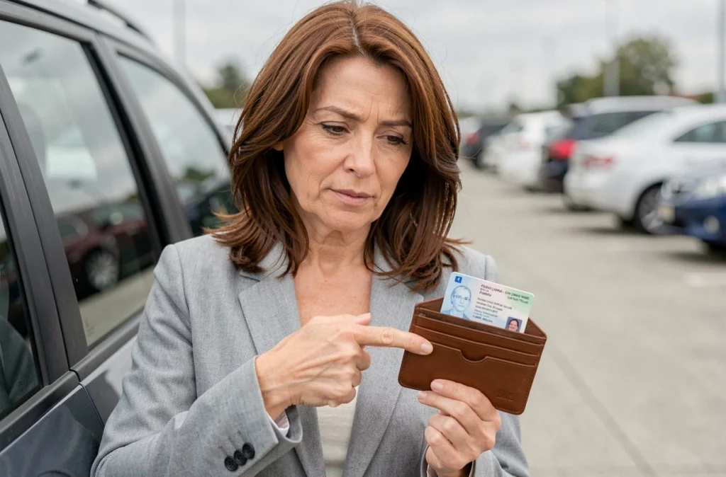 Femme pointant le numéro de permis de conduire dans son portefeuille près d'une voiture