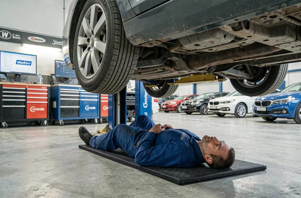 Mécanicien généraliste travaillant sous une voiture surélevée sur un pont hydraulique au Garage Viallant toutes marques