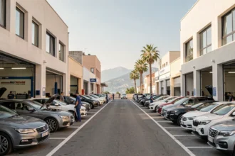 Vue d'ensemble de garages automobiles professionnels dans les Alpes-Maritimes avec des voitures garées devant des ateliers ouverts