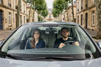 Jeune femme en leçon de conduite dans une auto-école en Indre-et-Loire, au volant d'un véhicule double commande dans une rue typique du Val de Loire