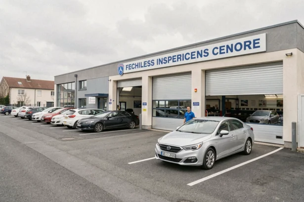 Vue d'ensemble d'un centre de contrôle technique en Gironde avec des voitures en attente devant les baies d'inspection