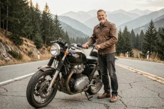 Motard expérimenté en veste de cuir marron posant avec une moto naked sur une route de montagne sinueuse entourée de forêts de pins