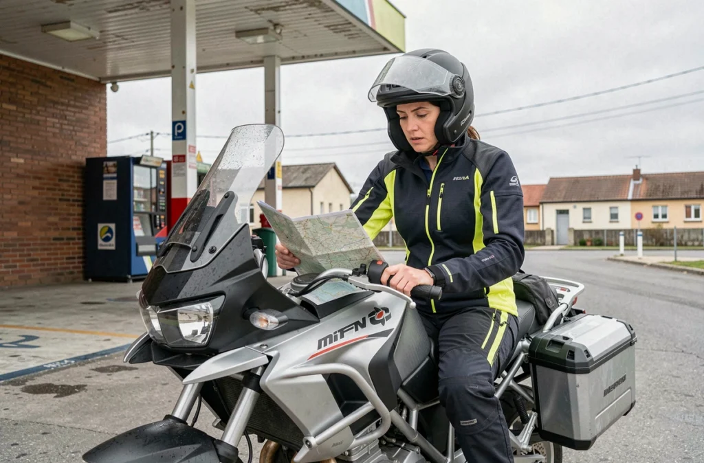 Motarde équipée d'une veste de tourisme sur une grande moto adventure à une station-service en bord de route de campagne