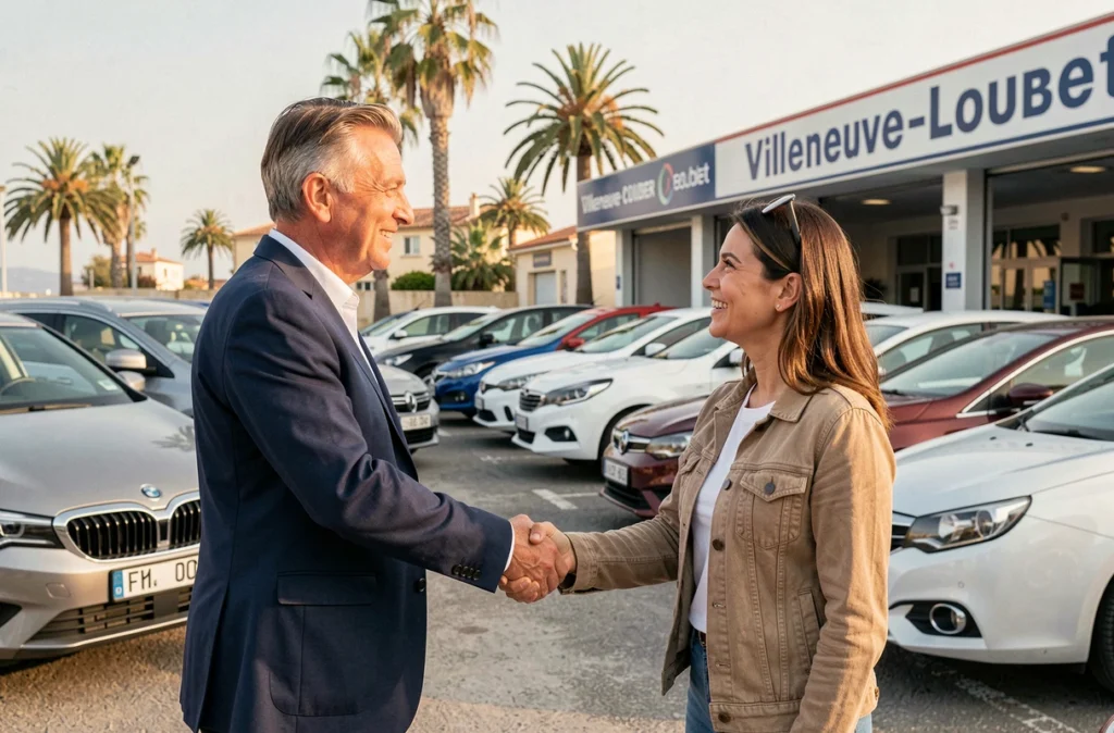 Vendeur et cliente se serrant la main devant des véhicules d'occasion exposés chez Mozart Autos à Villeneuve-Loubet