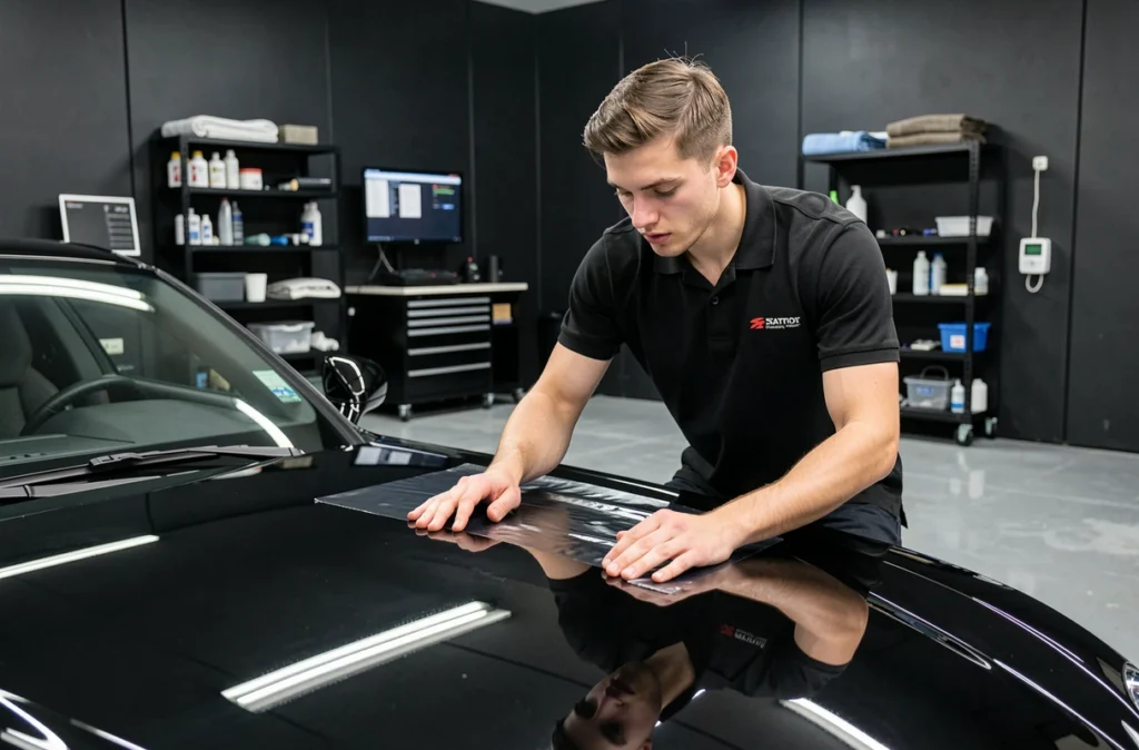 Spécialiste en préparation esthétique appliquant un film de protection sur le capot d'une voiture de sport chez Pardo Motors Esthetic Auto