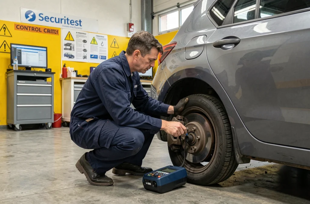 Technicien Securitest effectuant une inspection technique sur une voiture dans le centre de Bordeaux Bègles