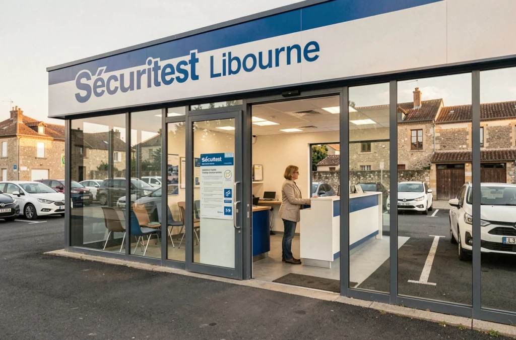 Centre Sécuritest de Libourne avec une cliente à l'accueil et des voitures garées devant l'établissement