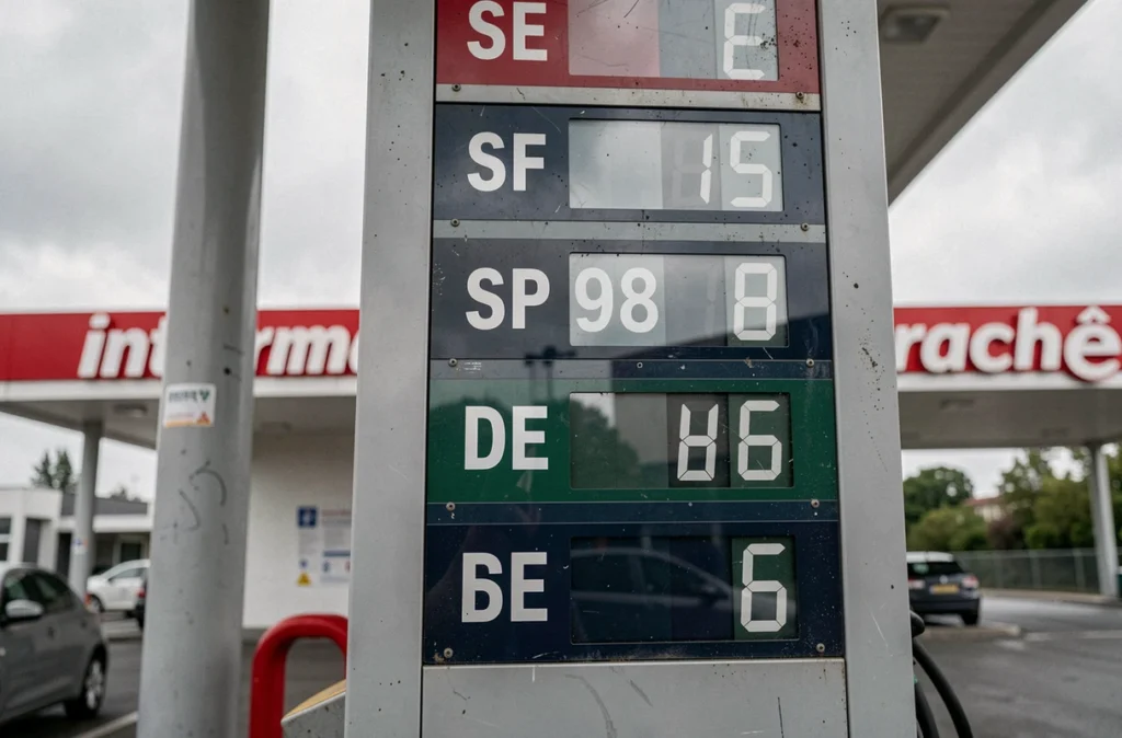 Panneau d'affichage des prix du carburant à la station Intermarché, montrant les tarifs de l'essence SP95, SP98 et du gazole en 2026